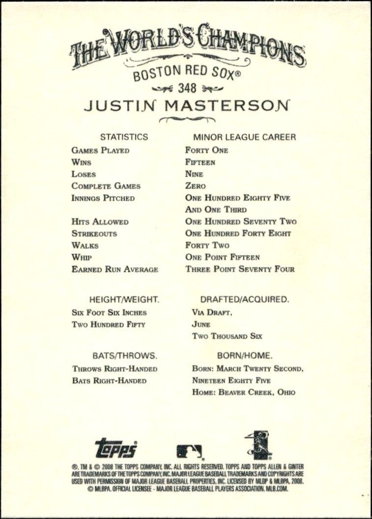 2008 Topps Allen & Ginter Justin Masterson #348 baseball trading card back