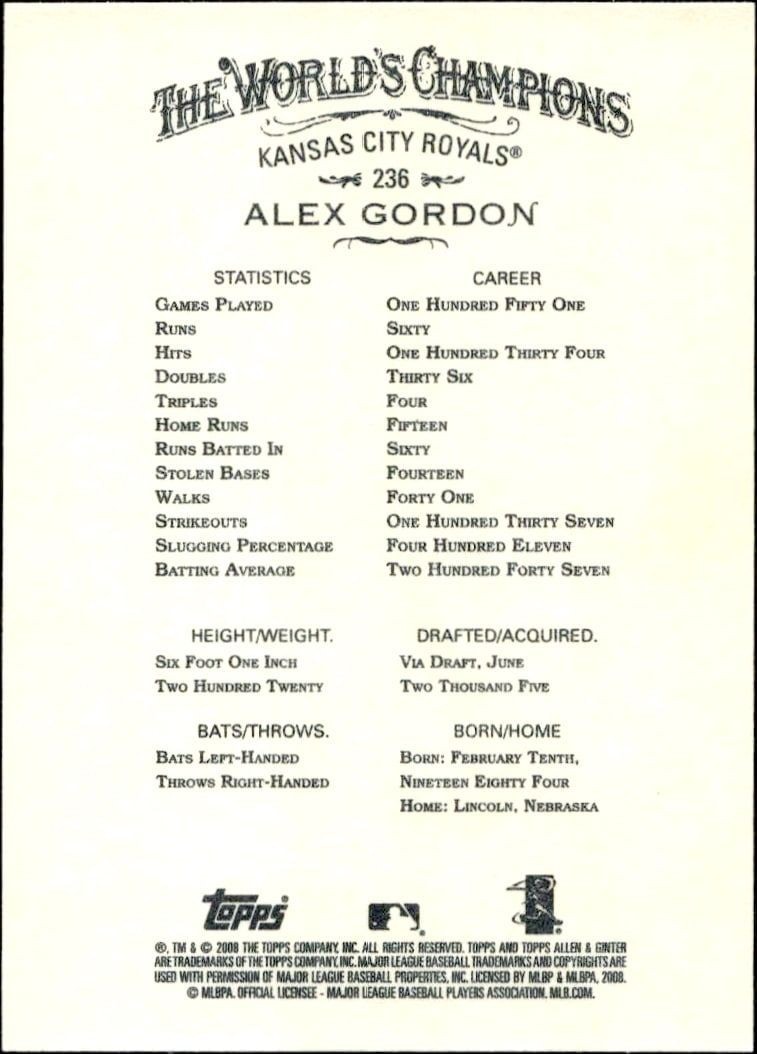 2008 Topps Allen & Ginter Alex Gordon #236 baseball trading card back