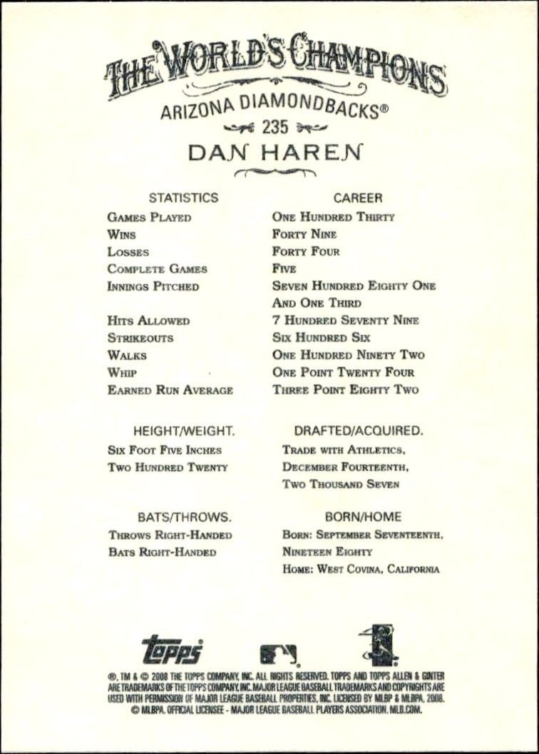2008 Topps Allen & Ginter Dan Haren #235 baseball trading card back