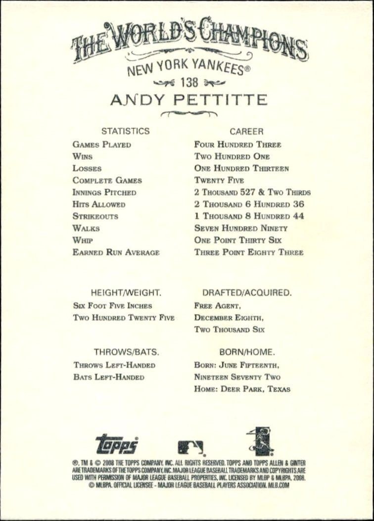 2008 Topps Allen & Ginter Andy Pettitte #138 baseball trading card back