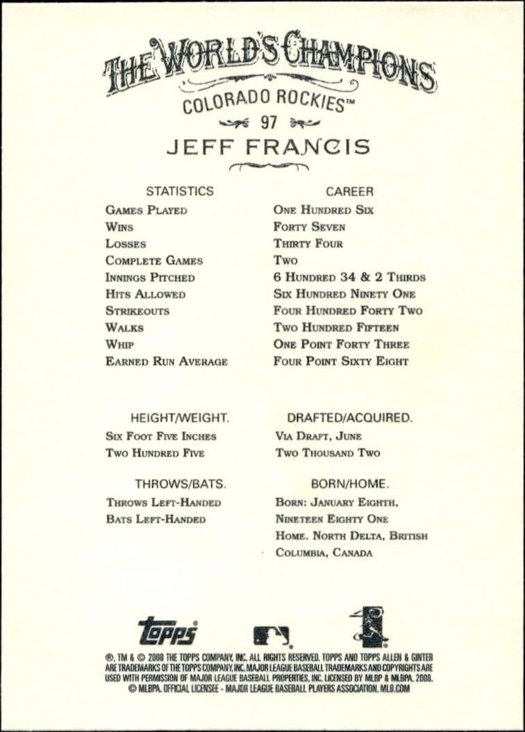 2008 Topps Allen & Ginter Jeff Francis #97 baseball trading card back