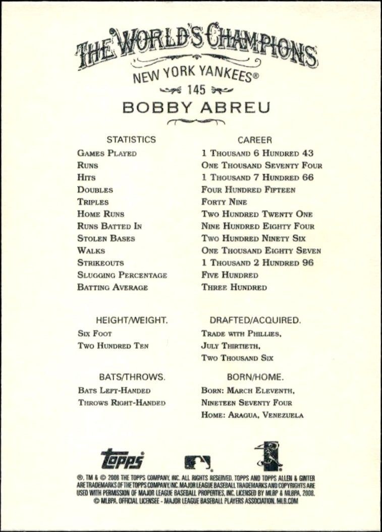 2008 Topps Allen & Ginter Bobby Abreu #145 baseball trading card back