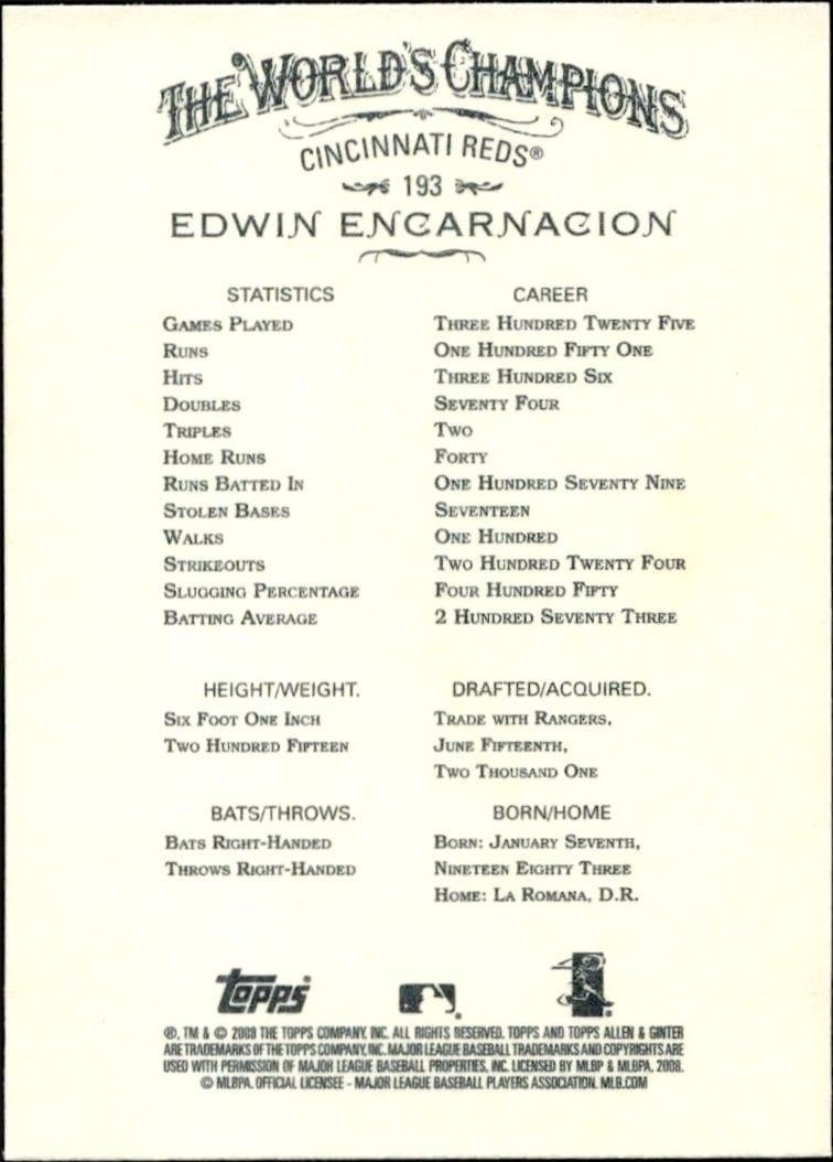 2008 Topps Allen & Ginter Edwin Encarnacion #193 baseball trading card back
