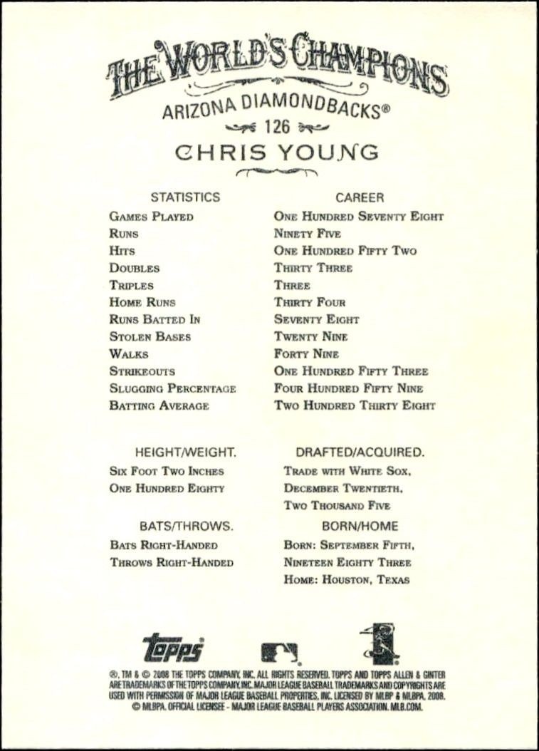 2008 Topps Allen & Ginter Chris Young #126 baseball trading card back