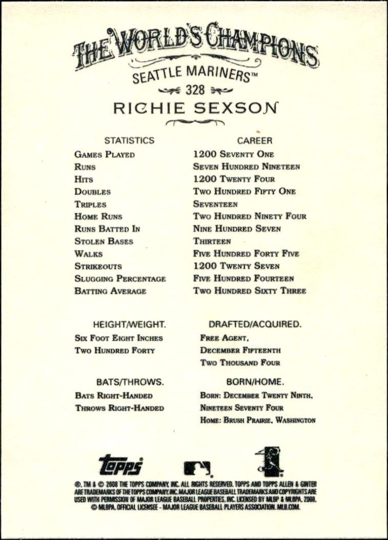 2008 Topps Allen & Ginter Richie Sexson #328 baseball trading card back