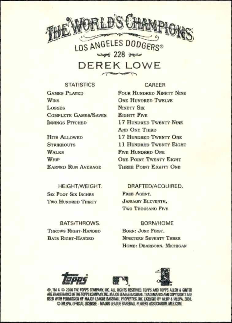2008 Topps Allen & Ginter Derek Lowe #228 baseball trading card back