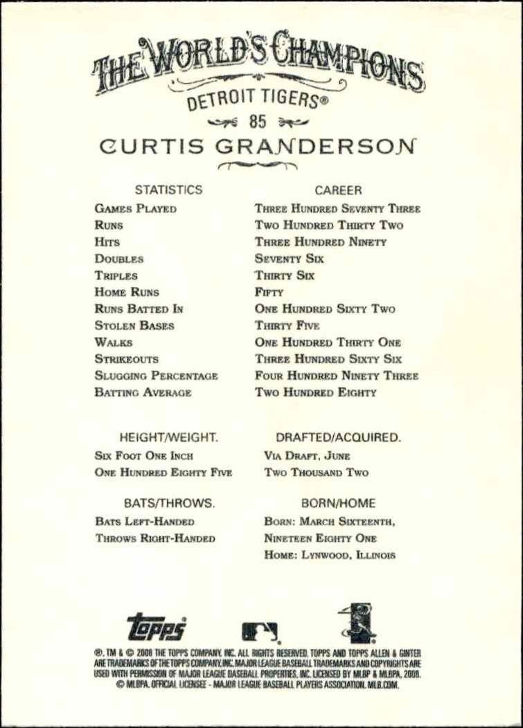 2008 Topps Allen & Ginter Curtis Granderson #85 baseball trading card back