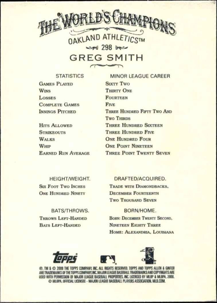 2008 Topps Allen & Ginter Greg Smith #298 baseball trading card back