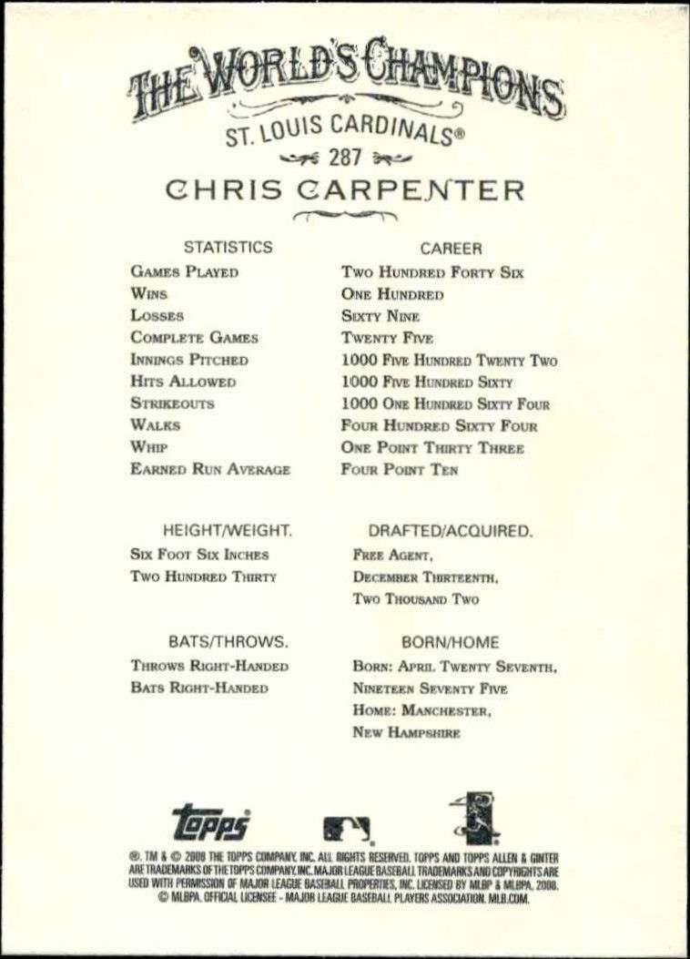 2008 Topps Allen & Ginter Chris Carpenter #287 baseball trading card back