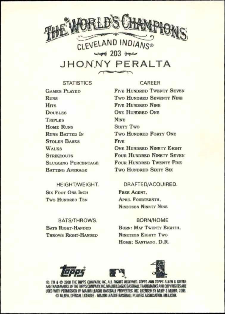 2008 Topps Allen & Ginter Jhonny Peralta #203 baseball trading card back