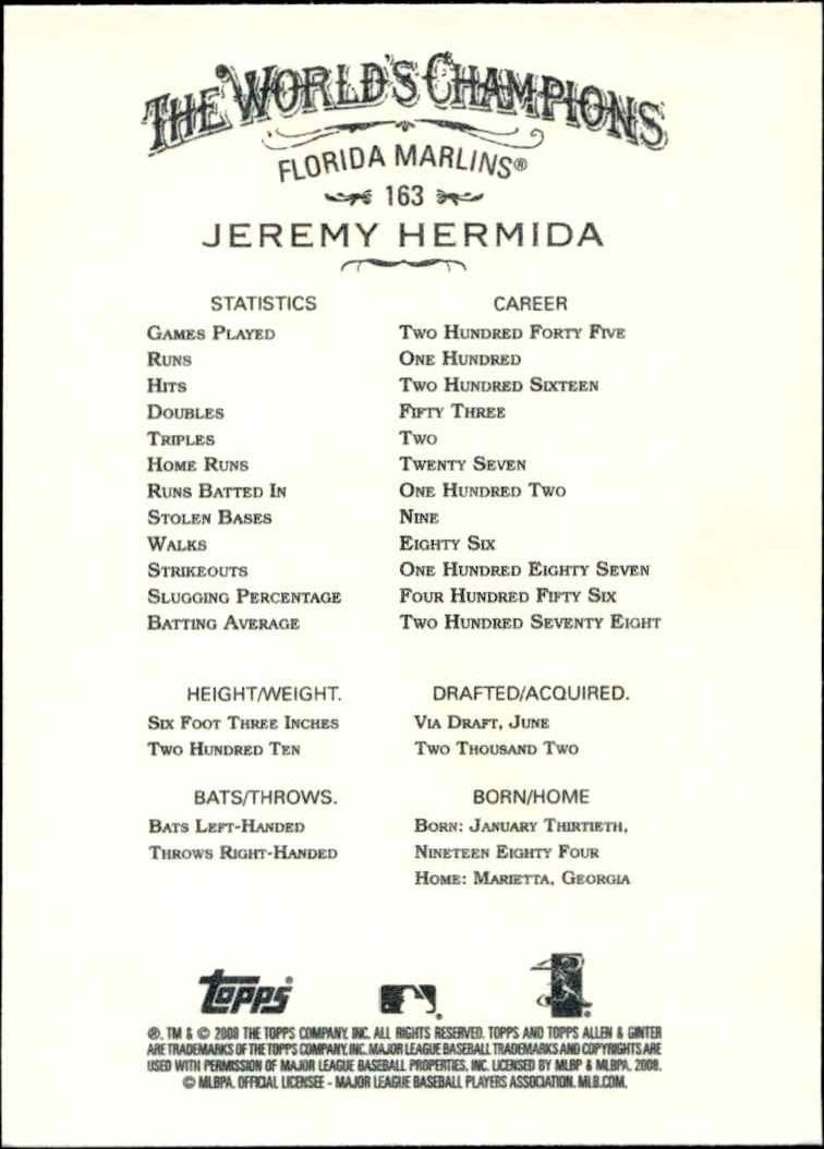 2008 Topps Allen & Ginter Jeremy Hermida #163 baseball trading card back