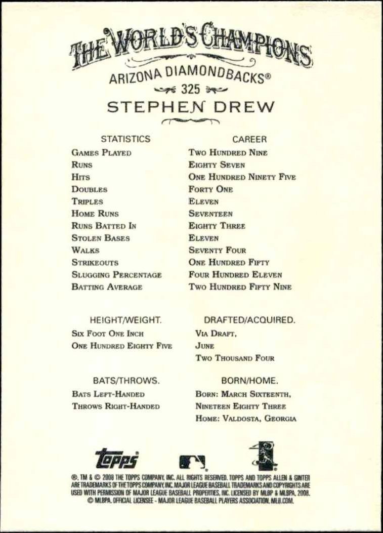 2008 Topps Allen & Ginter Stephen Drew #325 baseball trading card back