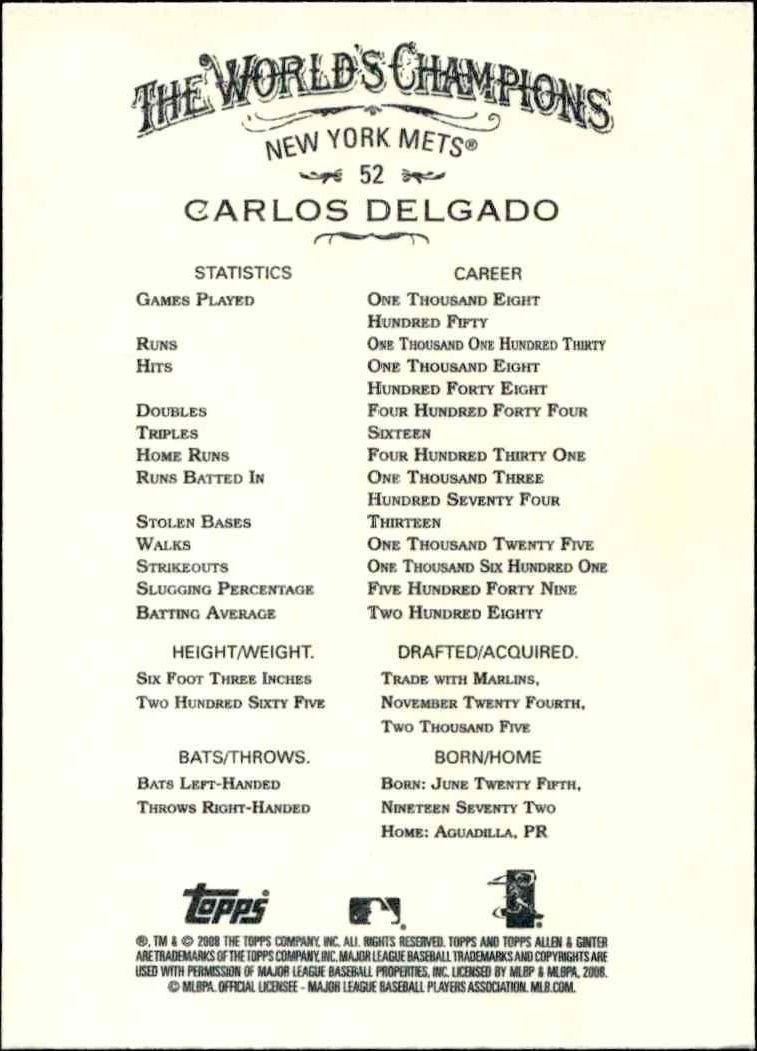 2008 Topps Allen & Ginter Carlos Delgado #52 baseball trading card back