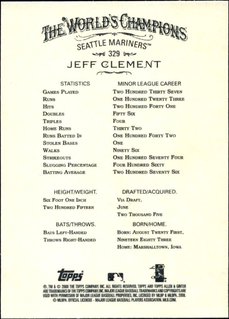 2008 Topps Allen & Ginter Jeff Clement #329 baseball trading card back