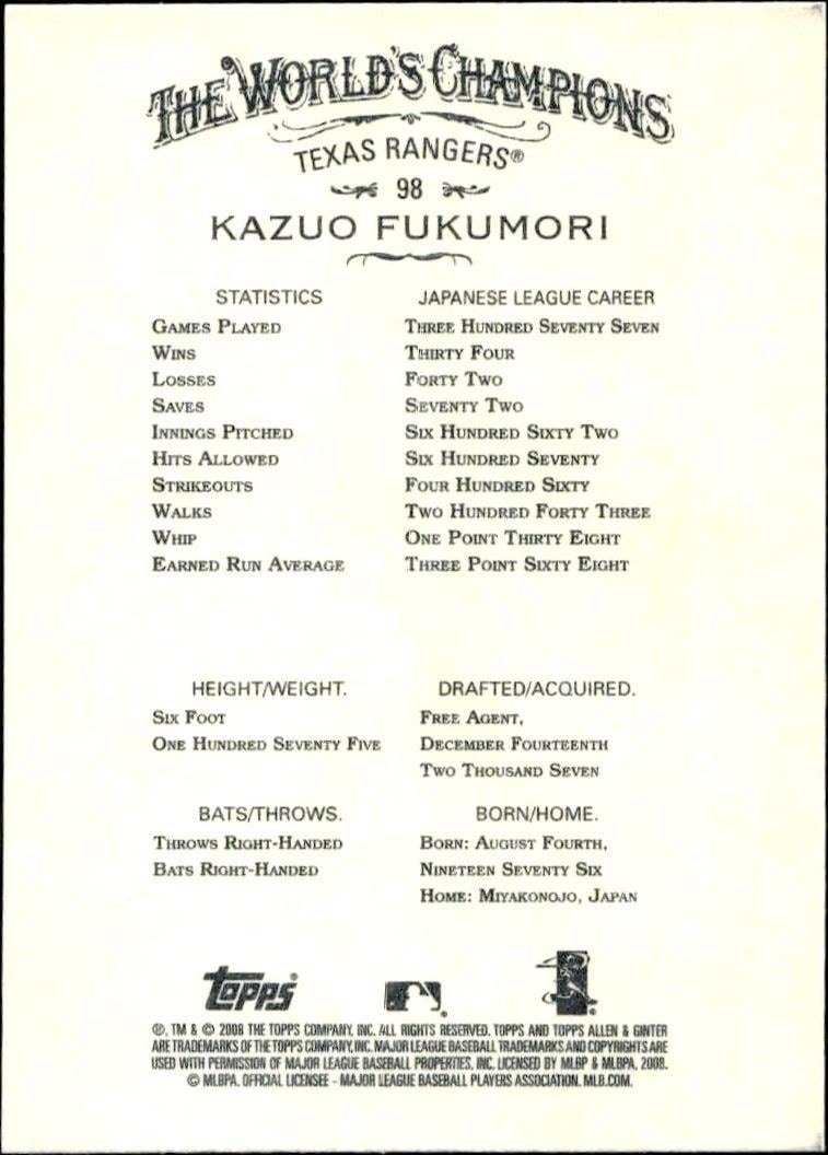 2008 Topps Allen & Ginter Kazuo Fukumori #98 baseball trading card back