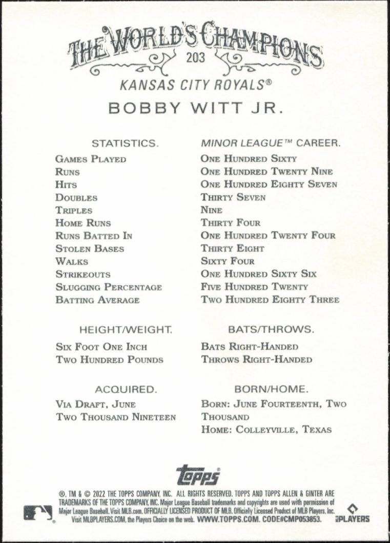 2022 Topps Allen & Ginter Bobby Witt Jr. #203 baseball trading card back