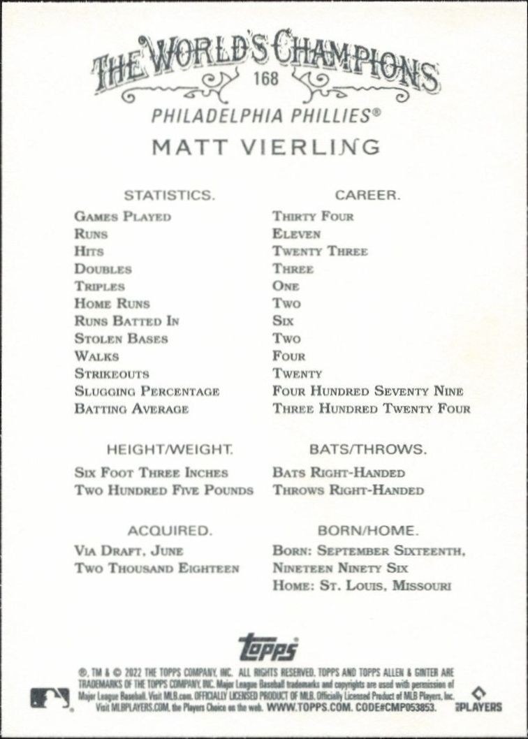 2022 Topps Allen & Ginter Matt Vierling #168 baseball trading card back