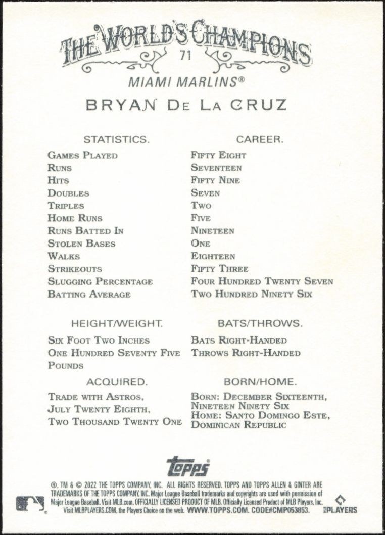 2022 Topps Allen & Ginter Bryan De La Cruz #71 baseball trading card back