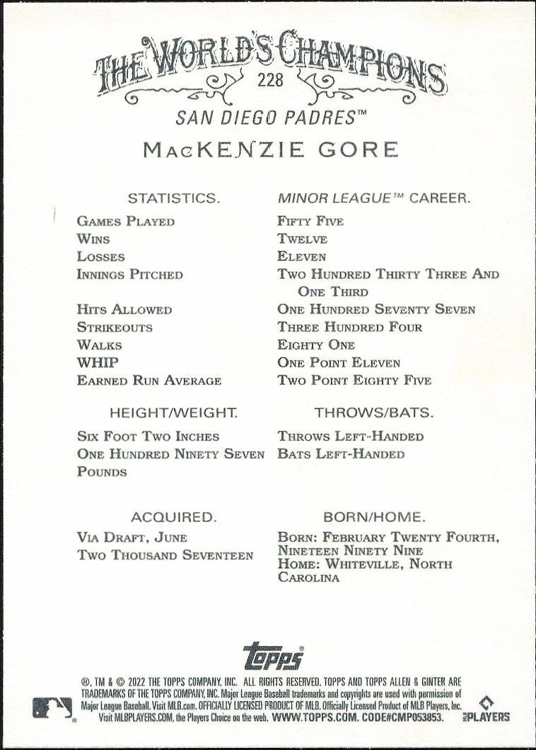 2022 Topps Allen & Ginter MacKenzie Gore #228 baseball trading card back
