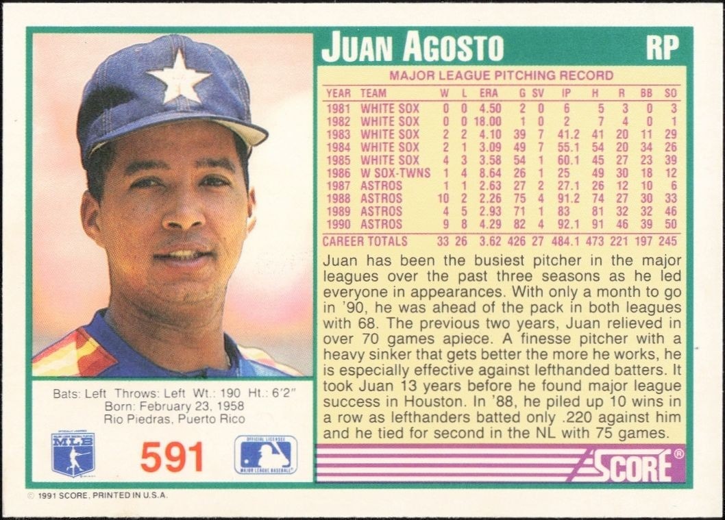 1991 Score Juan Agosto #591 baseball trading card back