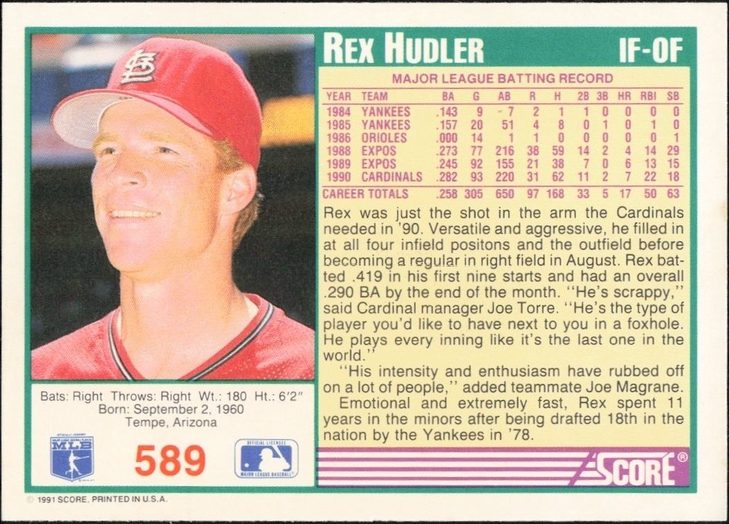 1991 Score Rex Hudler #589 baseball trading card back
