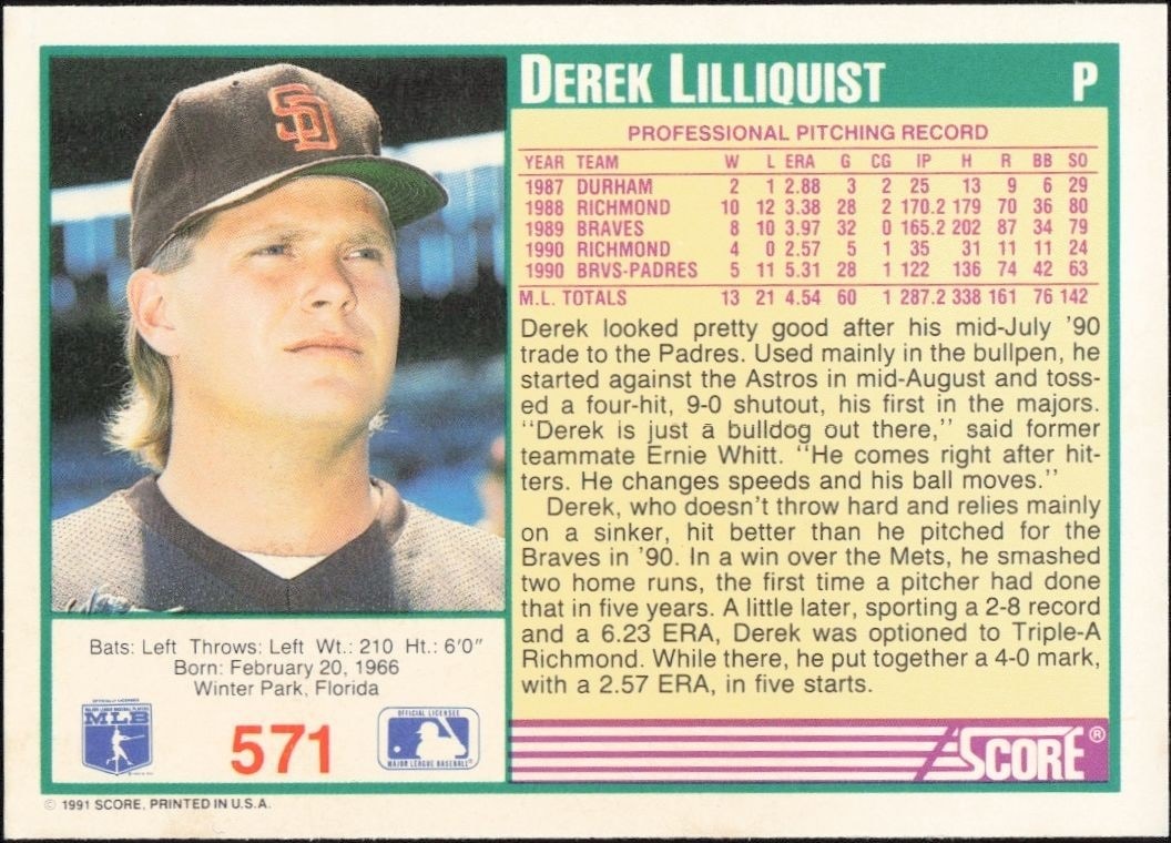 1991 Score Derek Lilliquist #571 baseball trading card back