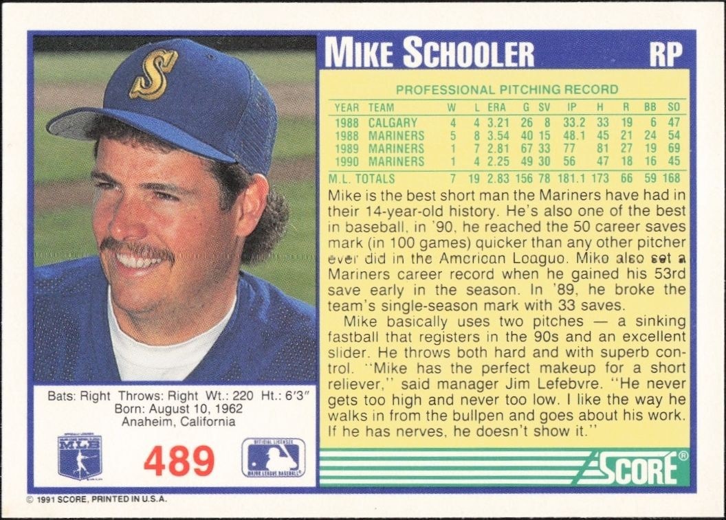 1991 Score Mike Schooler #489 baseball trading card back