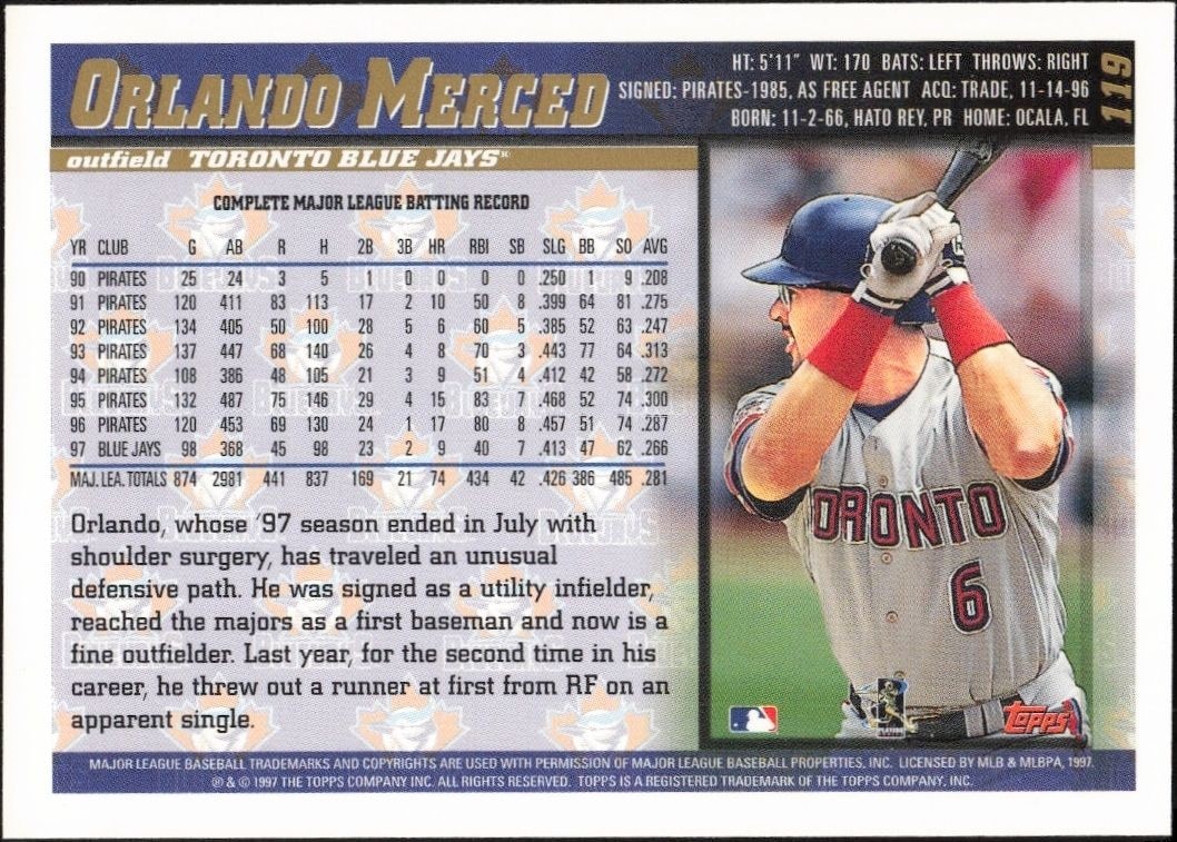 1998 Topps Orlando Merced #119 baseball trading card back