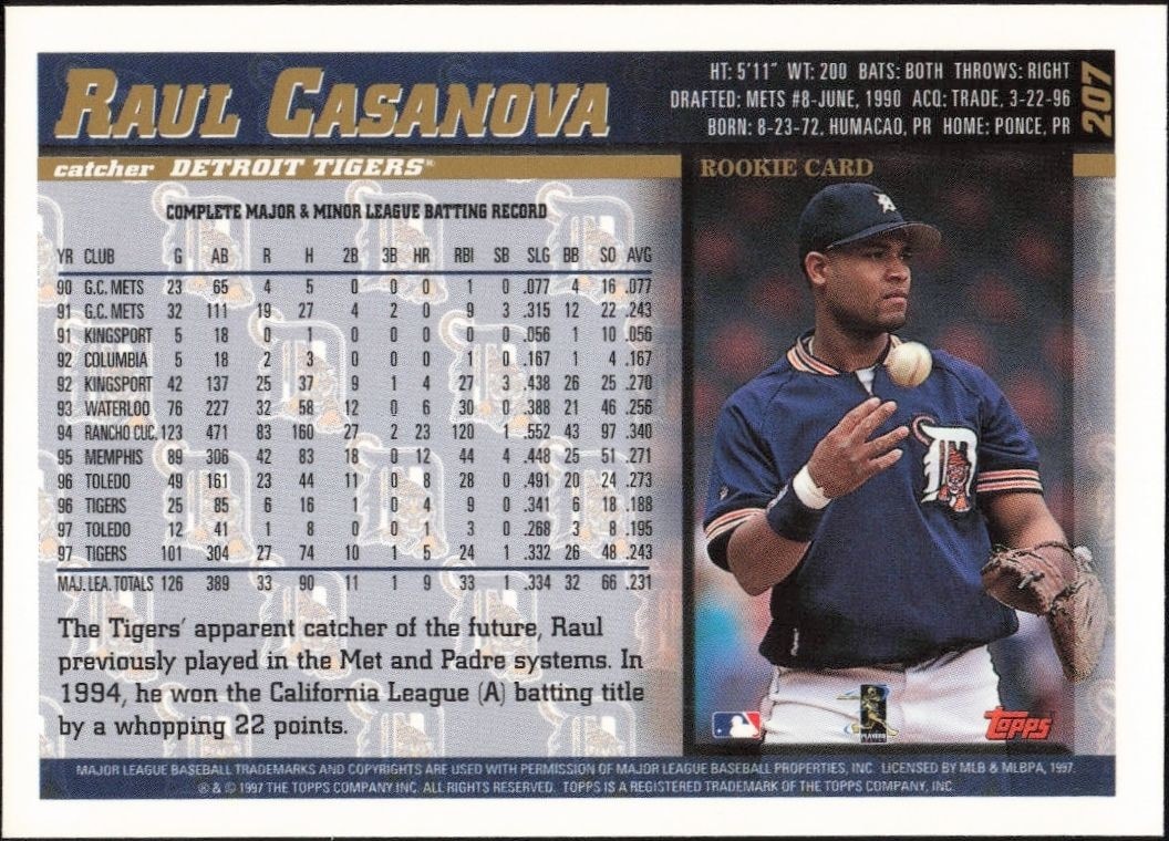 1998 Topps Raul Casanova #207 baseball trading card back