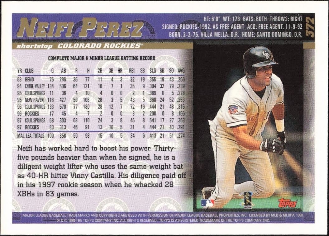1998 Topps Neifi Perez #372 baseball trading card back