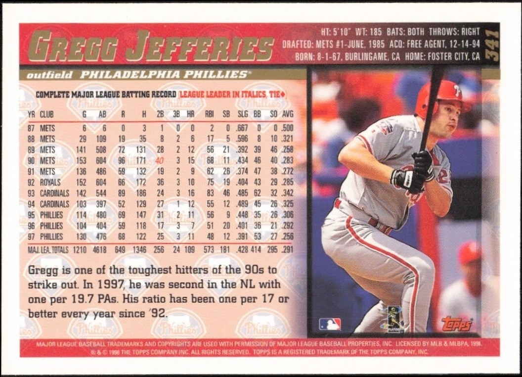 1998 Topps Gregg Jefferies #341 baseball trading card back