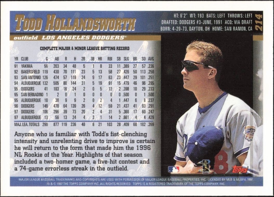 1998 Topps Todd Hollandsworth #214 baseball trading card back