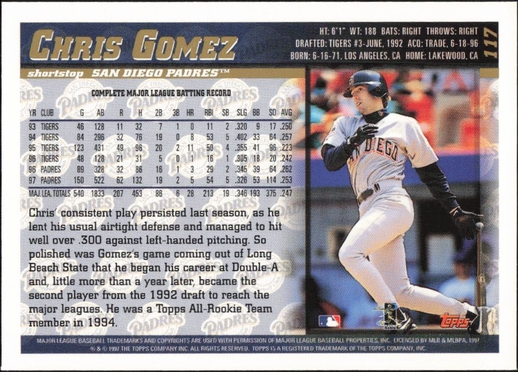 1998 Topps Chris Gomez #117 baseball trading card back