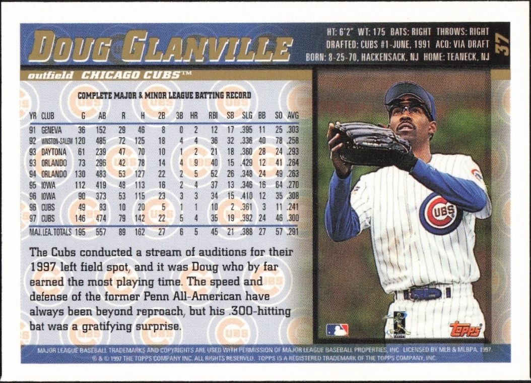 1998 Topps Doug Glanville #37 baseball trading card back