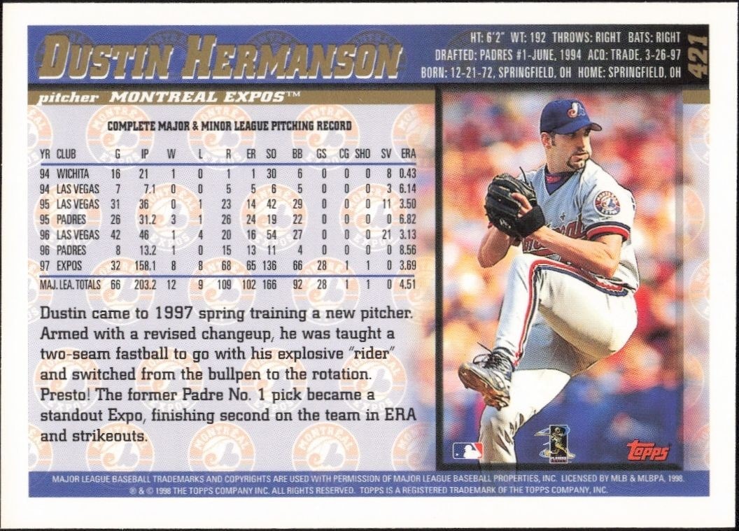 1998 Topps Dustin Hermanson #421 baseball trading card back