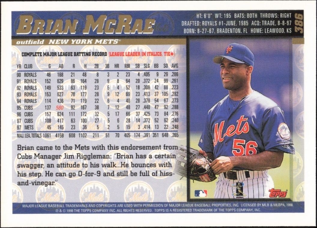 1998 Topps Brian McRae #386 baseball trading card back