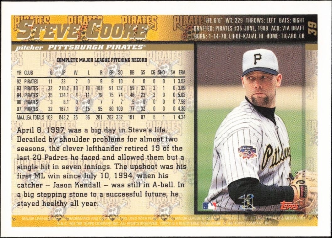 1998 Topps Steve Cooke #39 baseball trading card back