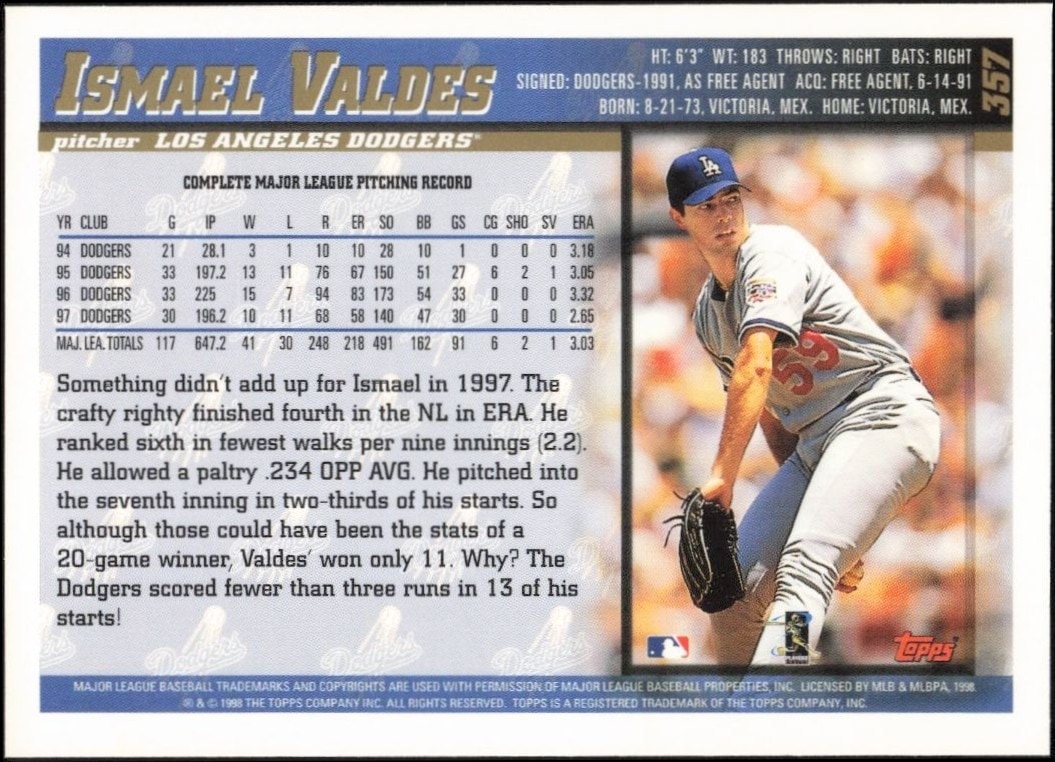 1998 Topps Ismael Valdes #357 baseball trading card back