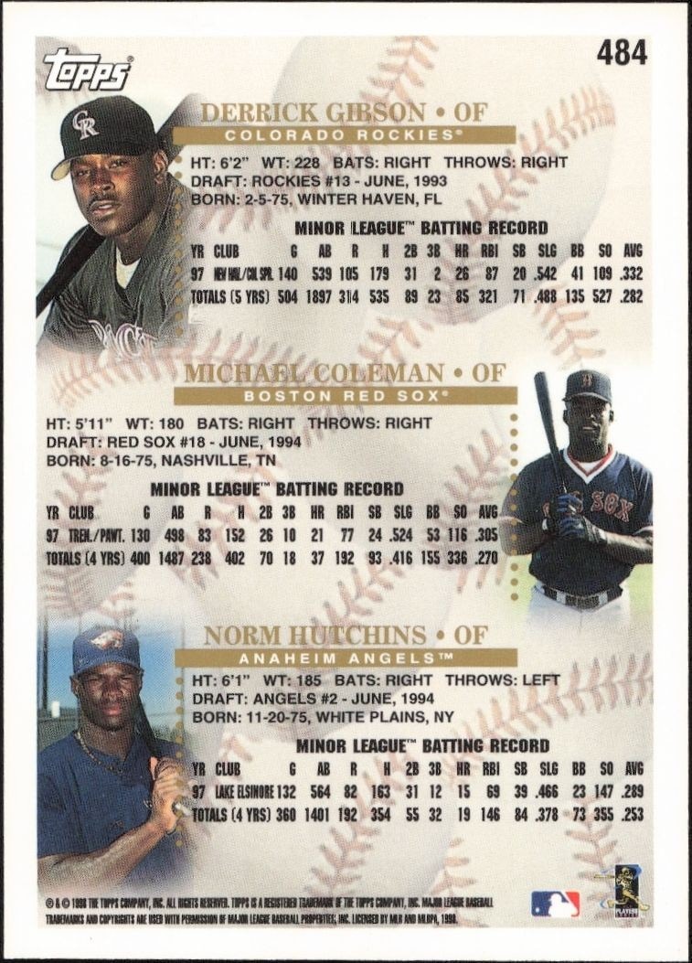 1998 Topps Derrick Gibson #484 baseball trading card back