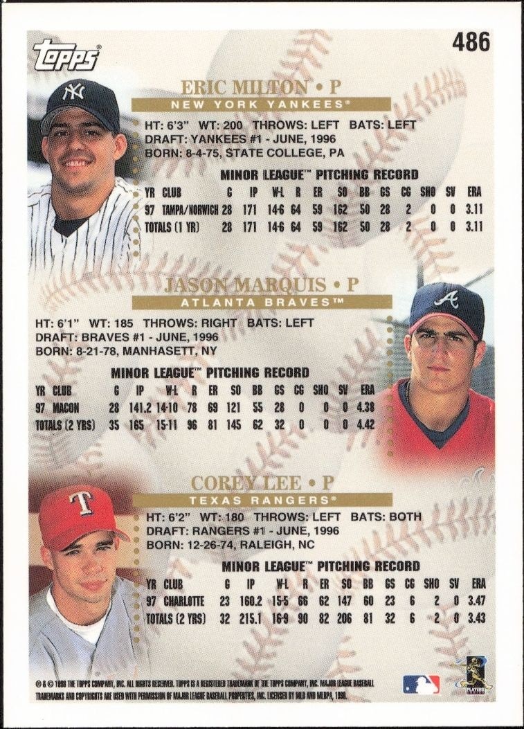1998 Topps Eric Milton #486 baseball trading card back
