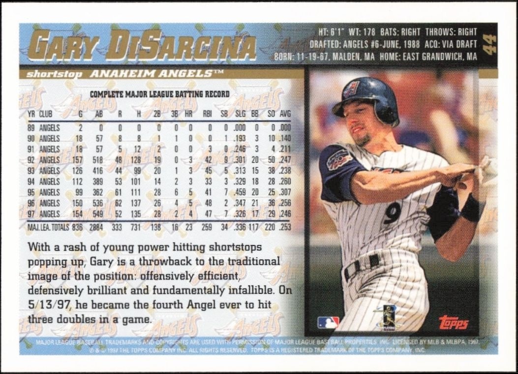 1998 Topps Gary DiSarcina #44 baseball trading card back