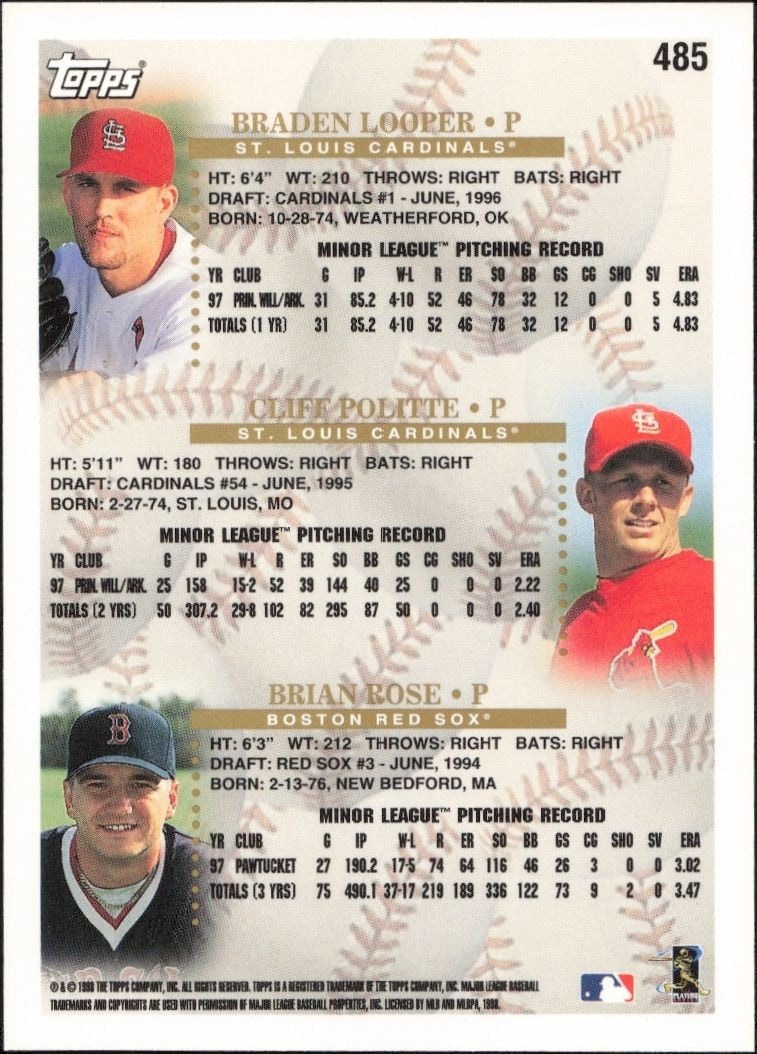 1998 Topps Braden Looper #485 baseball trading card back
