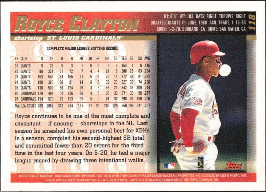 1998 Topps Royce Clayton #118 baseball trading card back