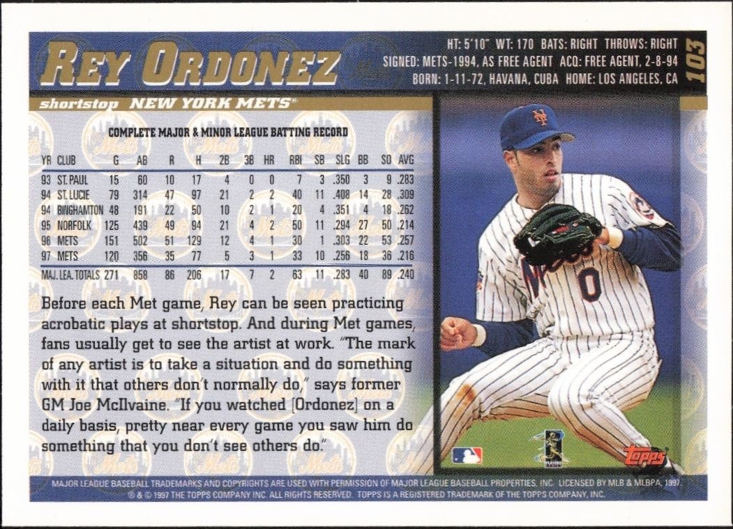 1998 Topps Rey Ordonez #103 baseball trading card back