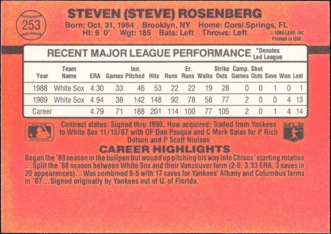 1990 Donruss Steve Rosenberg #253 baseball trading card back