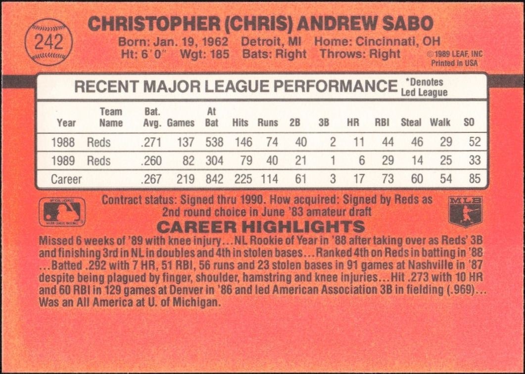 1990 Donruss Chris Sabo #242 baseball trading card back