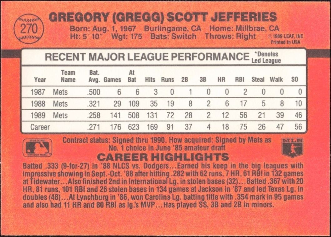 1990 Donruss Gregg Jefferies #270 baseball trading card back