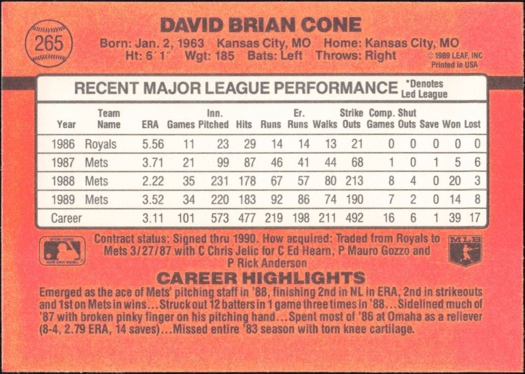 1990 Donruss David Cone #265 baseball trading card back