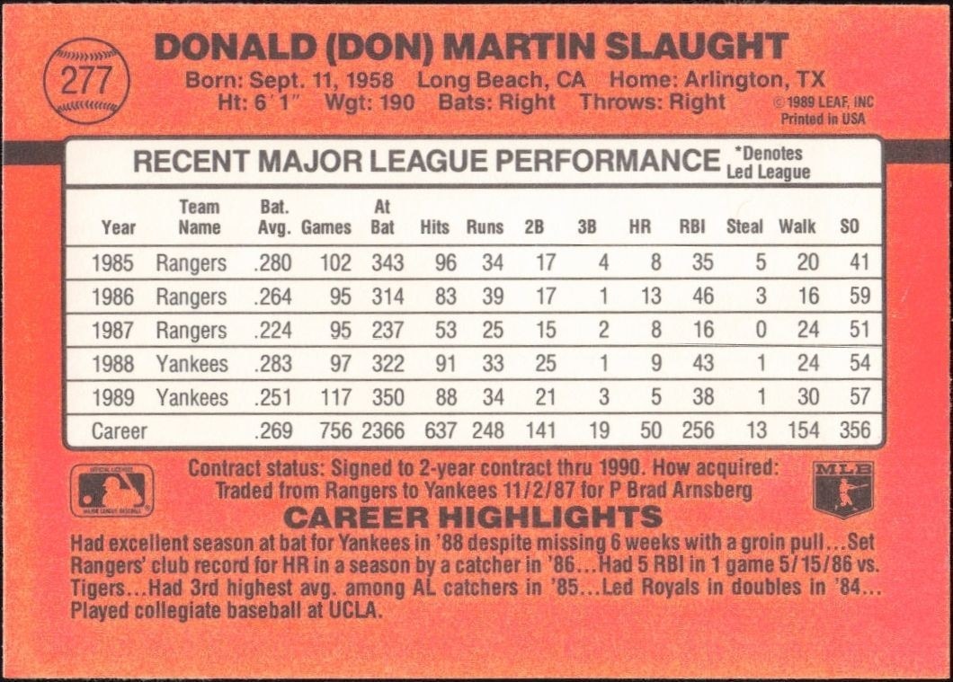 1990 Donruss Don Slaught #277 baseball trading card back