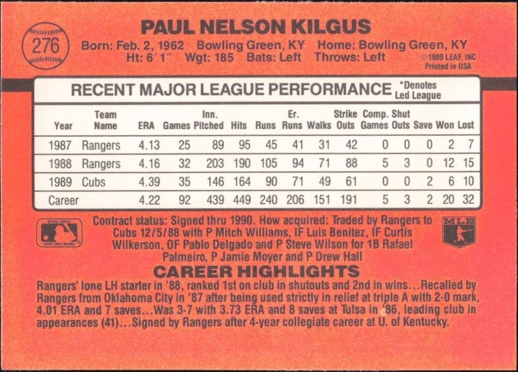 1990 Donruss Paul Kilgus #276 baseball trading card back